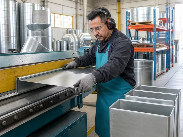 A sheet-metal worker fabricating a section of ventilation duct.
