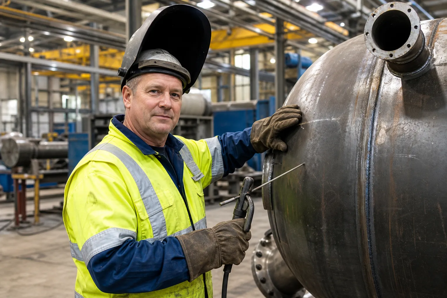 A boilermaker in a white CSA Type 1 hard hat, FR clothing, Class 2 hi-vis, safety glasses, welding gloves and CSA boots inspecting a large unbranded vessel in bright industrial daylight.