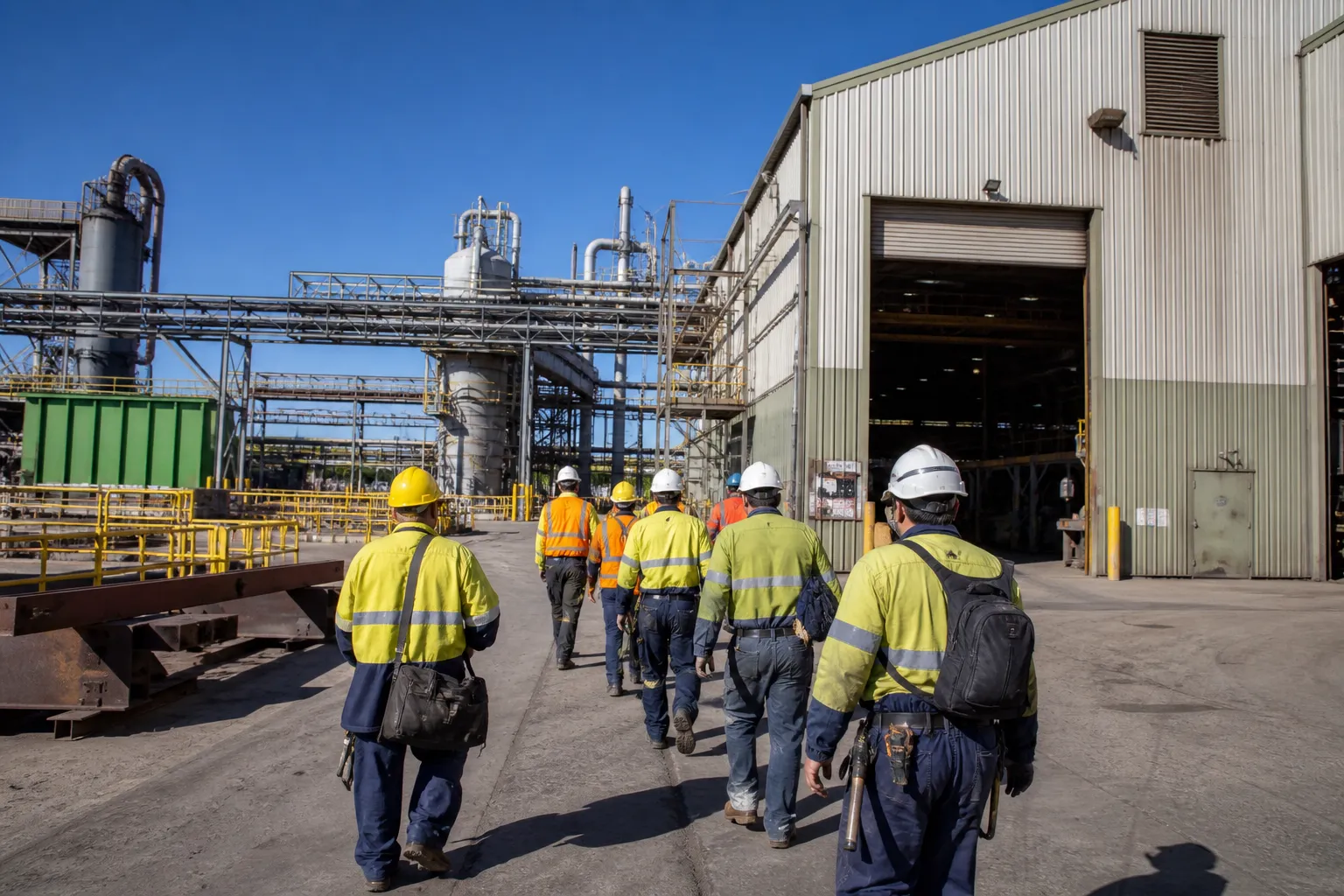 Boilermakers in FR clothing, Type 1 hard hats and Class 2 hi-vis at a sunlit plant gate with a business agent and tablet, diverse crew, no contractor logos.