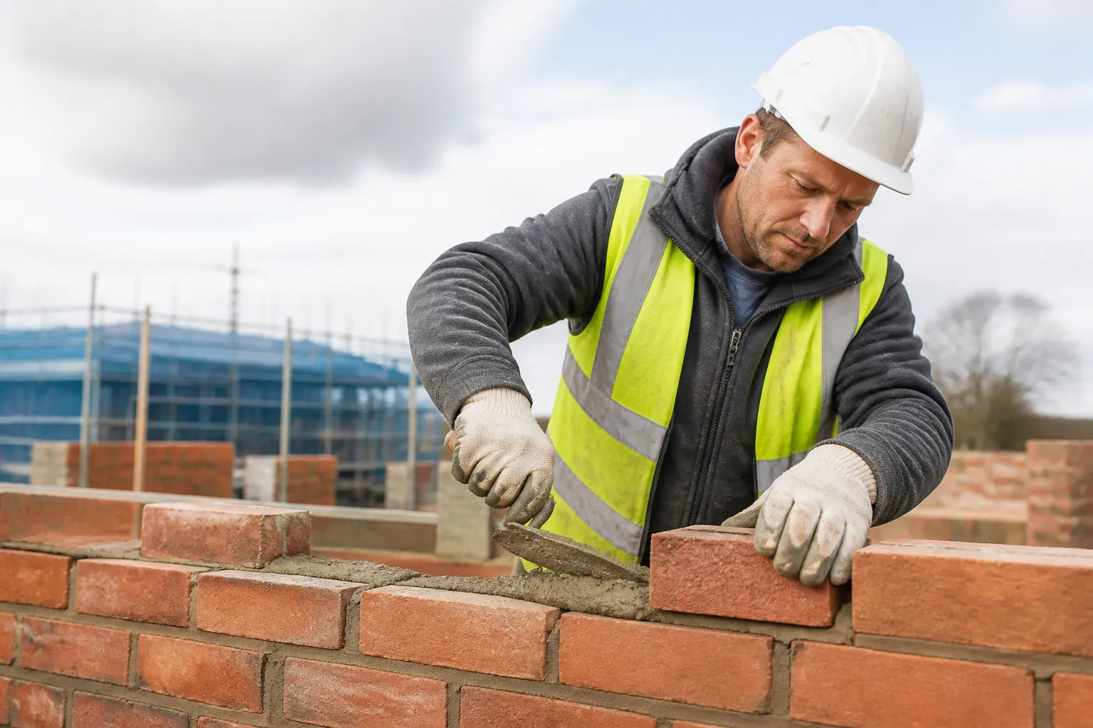 A mason in a yellow CSA Type 1 hard hat, Class 2 hi-vis vest, safety glasses, masonry gloves and CSA boots laying brick on a bright heritage or commercial wall.