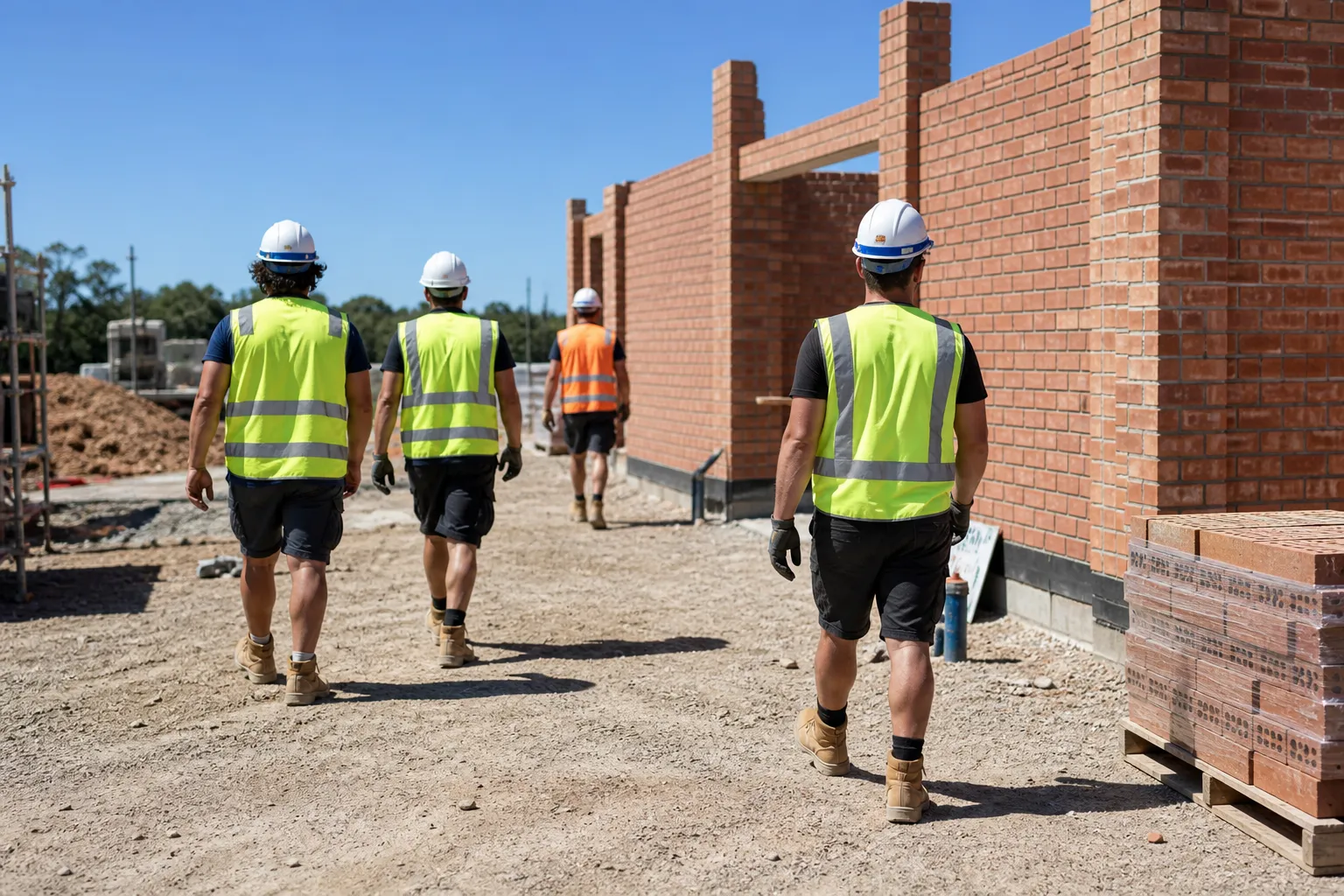 Masons in yellow Type 1 hard hats and Class 2 hi-vis at a sunlit scaffold base with a steward and tablet, diverse crew, no contractor logos.