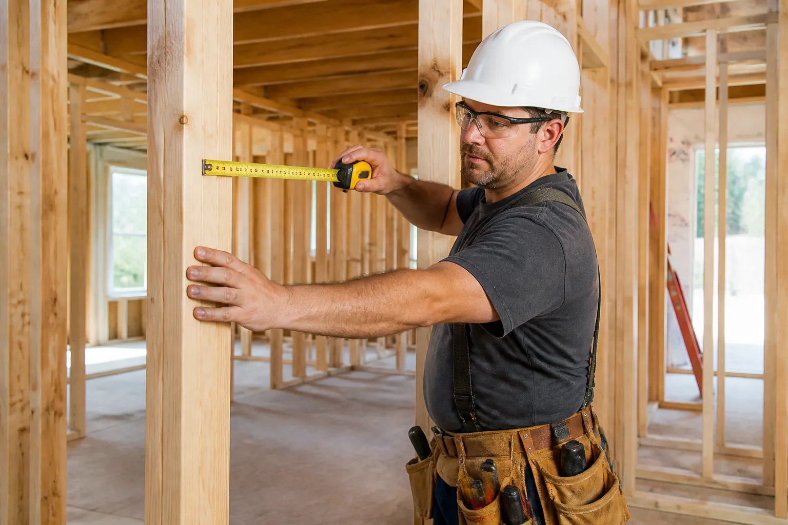 A carpenter in a yellow CSA Type 1 hard hat, Class 2 hi-vis vest, safety glasses, cut-resistant gloves and CSA Grade 1 boots checking formwork on a bright high-rise deck.