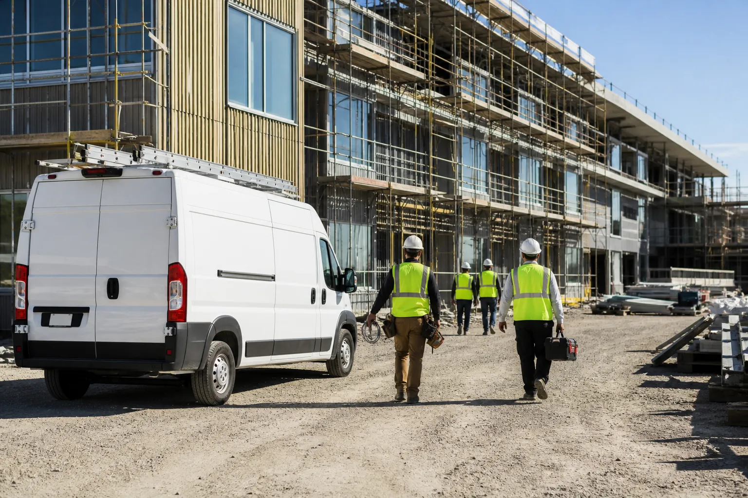 Electricians in white Class E hard hats and FR clothing under Class 2 hi-vis reviewing a call sheet at a bright jobsite hoist, diverse crew, no contractor logos.