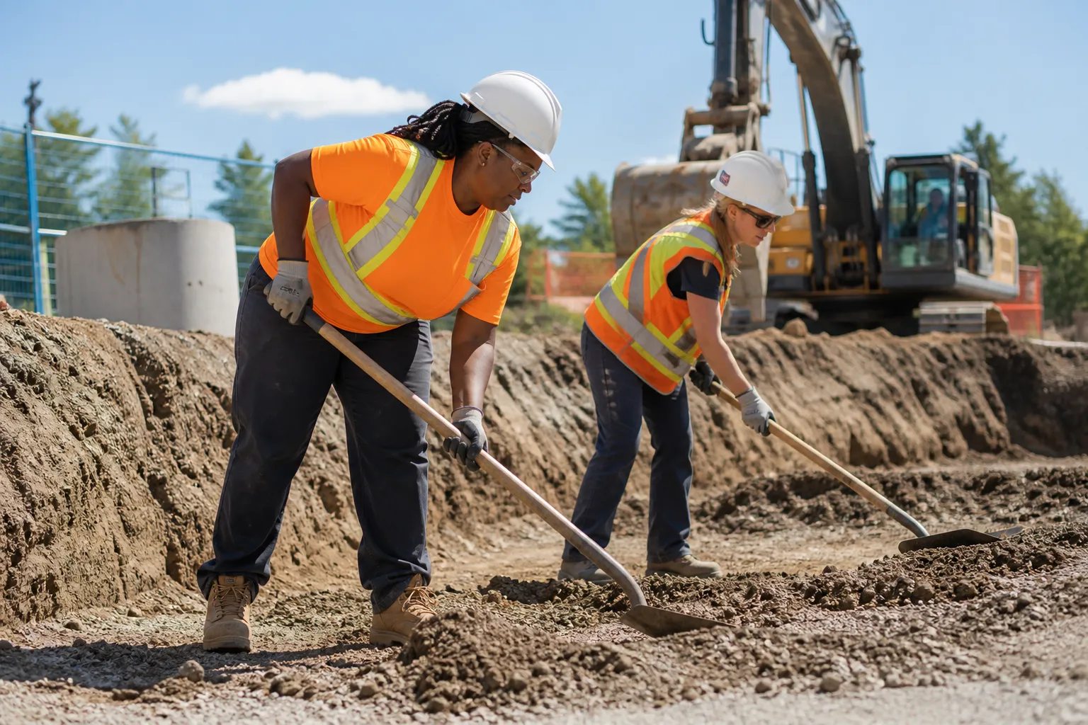 A diverse labourer crew in yellow Type 1 hard hats, Class 2 or Class 3 hi-vis, safety glasses, gloves and CSA boots working a daylight concrete placement with no contractor branding.