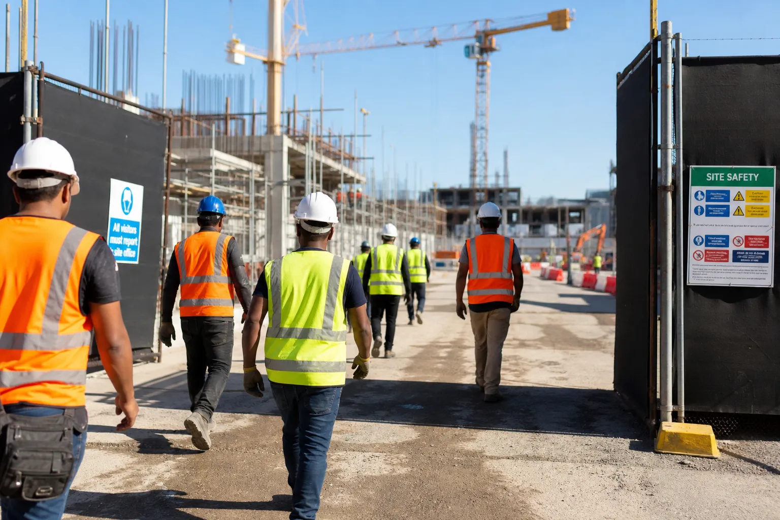 Labourers in yellow Type 1 hard hats and Class 2 hi-vis checking in at a sunlit jobsite gate, diverse crew, no contractor logos.