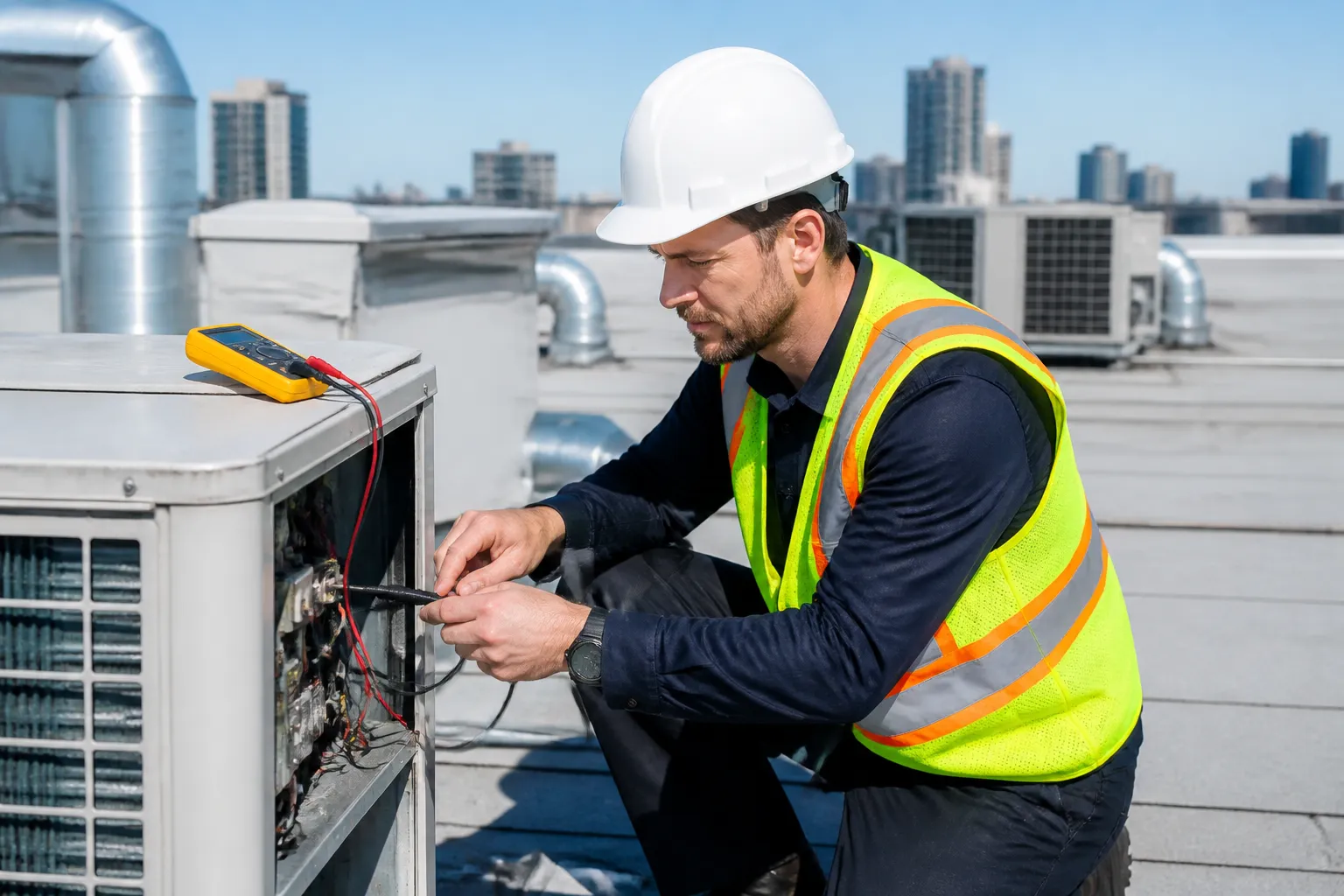 An HVAC technician in a white CSA Type 1 hard hat, Class 2 hi-vis vest, safety glasses, gloves and CSA boots working on an unbranded rooftop unit in bright daylight.