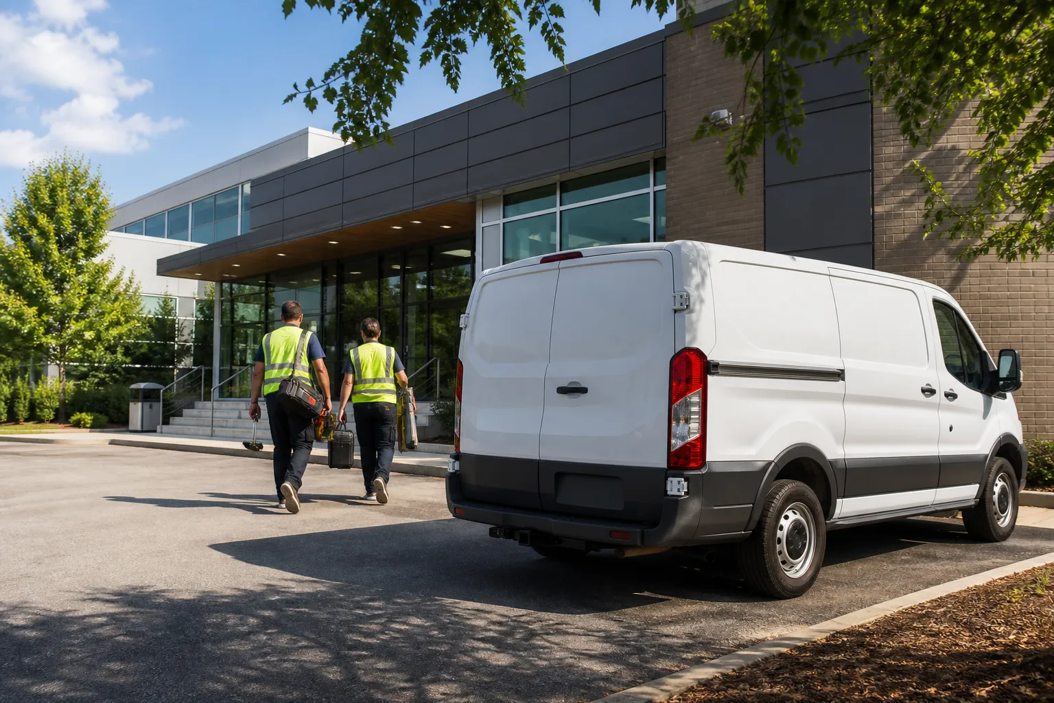 HVAC technicians in white Type 1 hard hats and Class 2 hi-vis at a sunlit roof access with a business agent and tablet, diverse crew, no contractor logos.