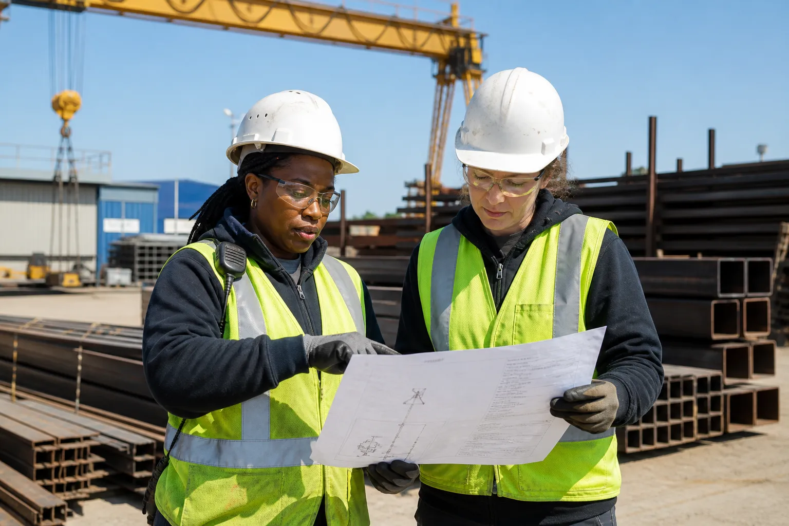 A diverse ironworker crew in white Type 1 or Type 2 hard hats, Class 2 hi-vis, glasses, leather gloves, CSA boots and full-body harnesses tying rebar or connecting steel in bright daylight, no contractor logos.