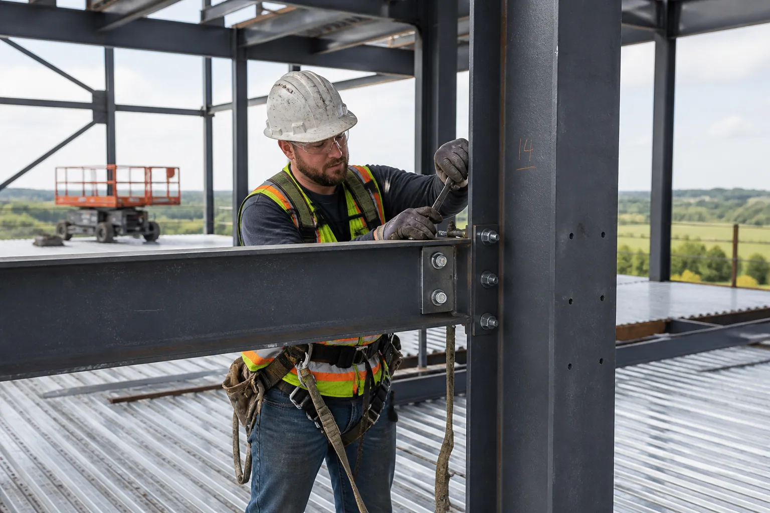 An ironworker in a white CSA Type 1 hard hat, Class 2 hi-vis, safety glasses, leather gloves, CSA boots and a CSA Z259 harness connecting steel on a bright high-rise.