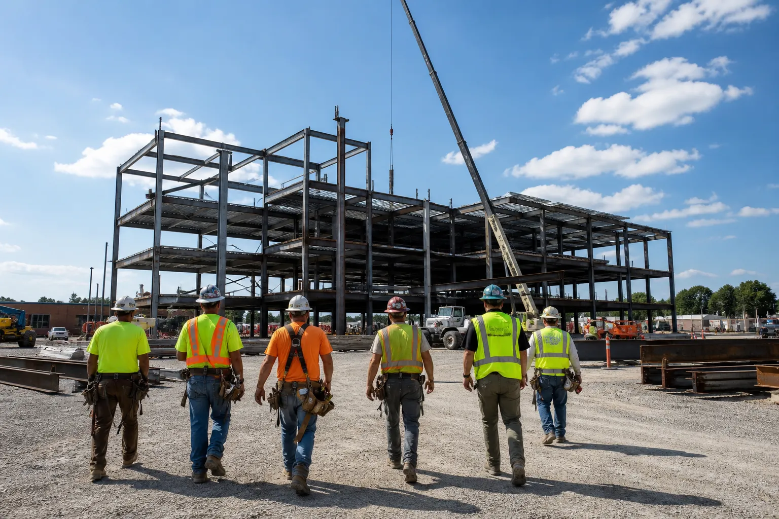 Ironworkers in white hard hats, Class 2 hi-vis and harnesses at a sunlit deck, a steward with a tablet, diverse crew, no contractor logos.
