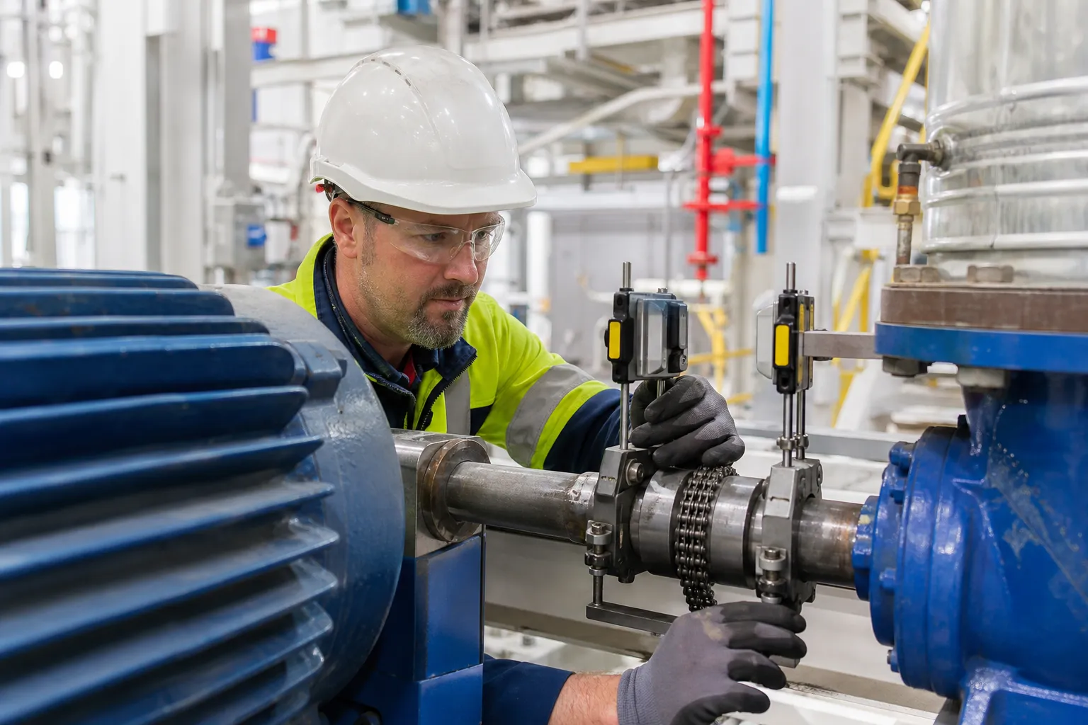 A millwright in a white CSA Type 1 hard hat, Class 2 hi-vis vest, safety glasses, mechanic gloves and CSA boots aligning unbranded industrial machinery in bright plant daylight.