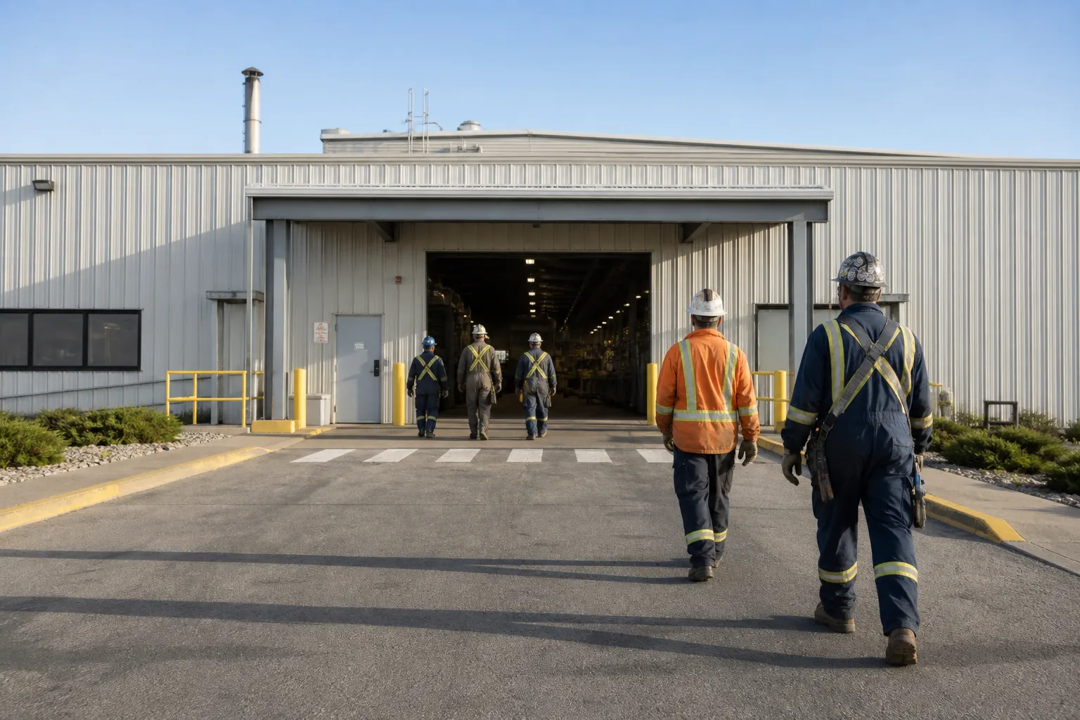 Millwrights in white Type 1 hard hats and Class 2 hi-vis at a sunlit plant door with a business agent and tablet, diverse crew, no contractor logos.