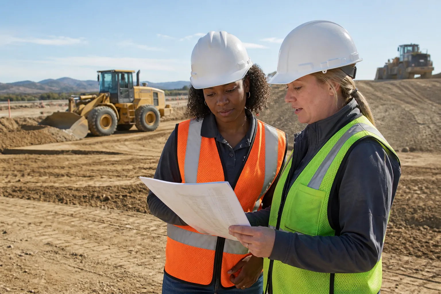A diverse operating-engineer crew in white or orange Type 1 hard hats, Class 2 or Class 3 hi-vis, safety glasses, gloves and CSA boots around unbranded equipment in bright daylight, no contractor logos.