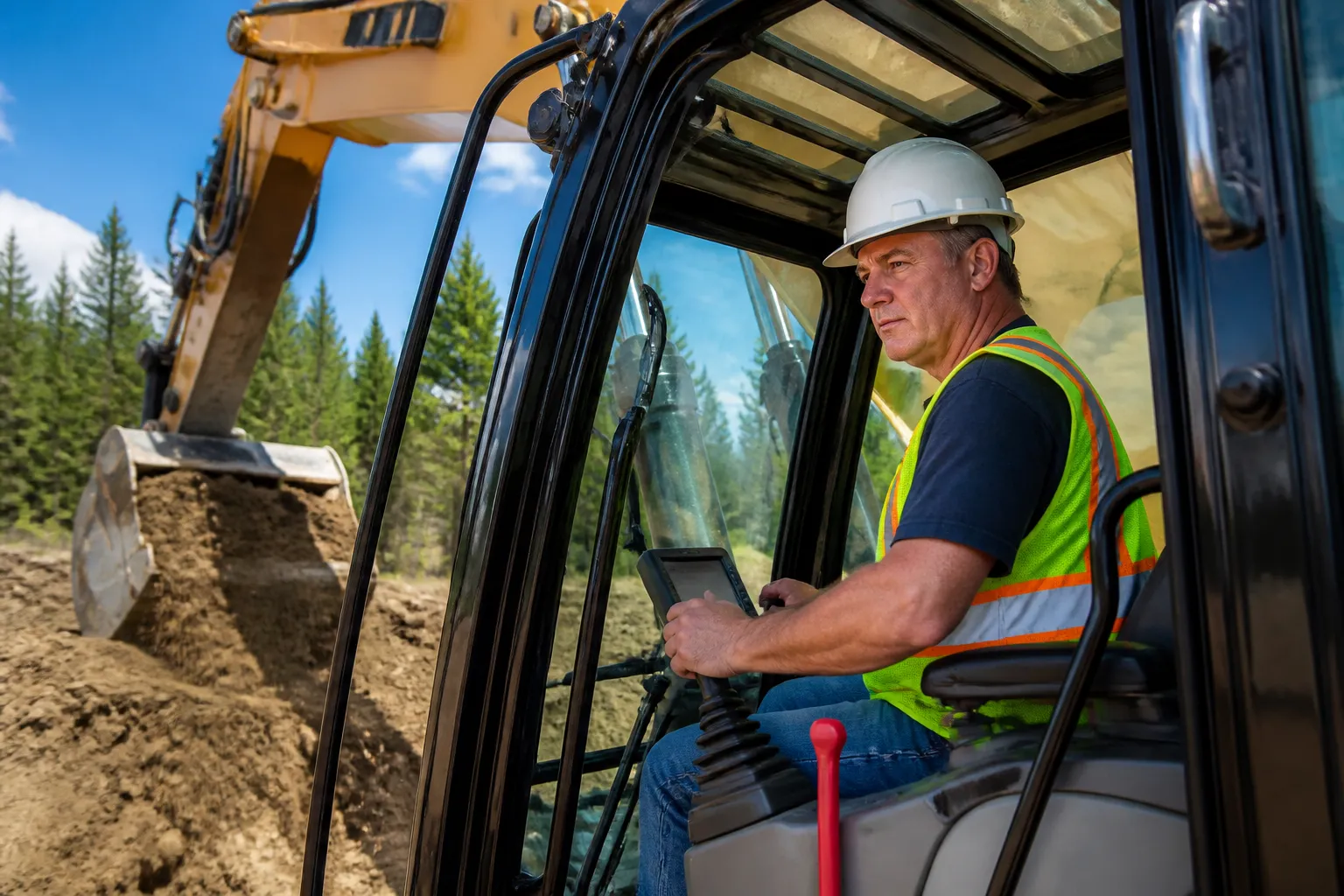 An operator in a white CSA Type 1 hard hat, Class 2 hi-vis, safety glasses, gloves and CSA boots at the cab of an unbranded excavator on a bright Canadian civil job.