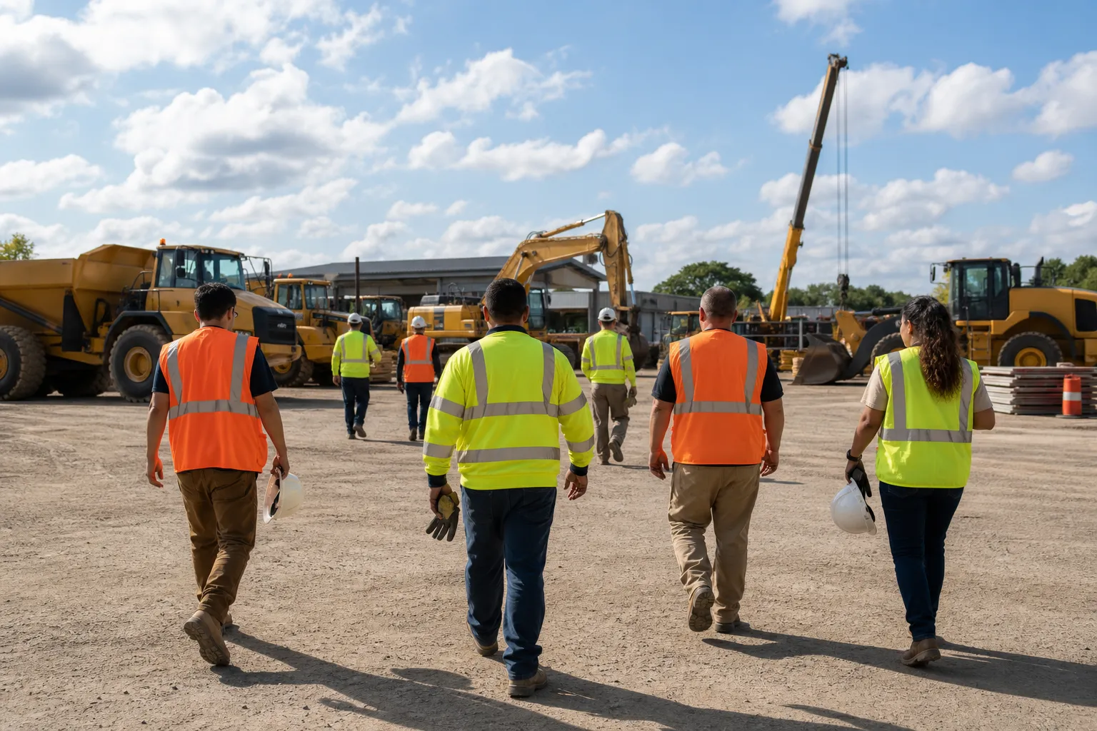 Operators in white Type 1 hard hats and Class 2 or 3 hi-vis at a sunlit civil job, a business agent checking tickets on a tablet, unbranded machines, diverse crew.