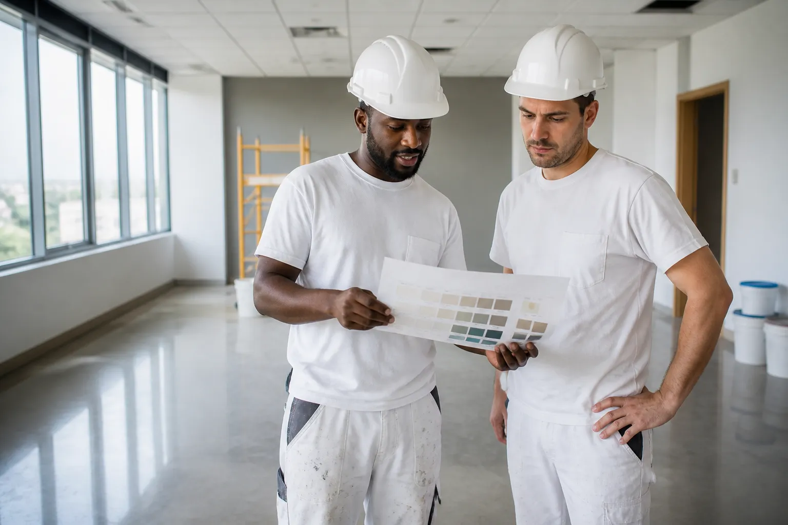 A diverse painter and glazier crew in white Type 1 hard hats, Class 2 hi-vis, safety glasses, gloves and CSA boots finishing a sunlit commercial interior, no contractor or paint-brand logos.