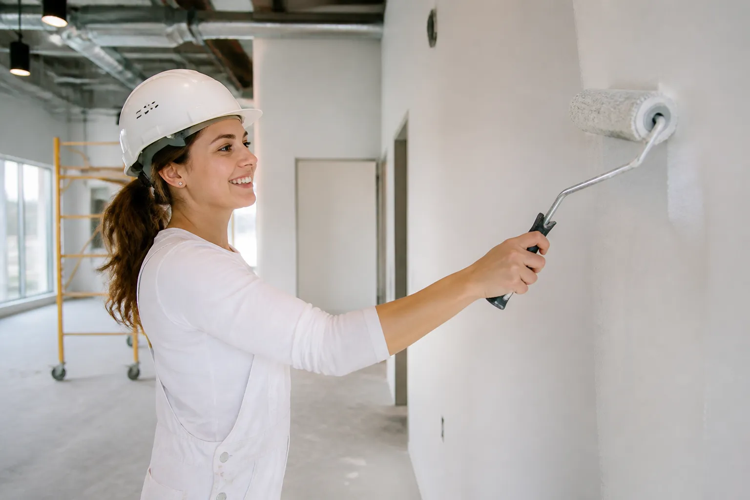 A painter in a white CSA Type 1 hard hat, Class 2 hi-vis vest, safety glasses, gloves and CSA boots applying finish on a bright commercial interior.