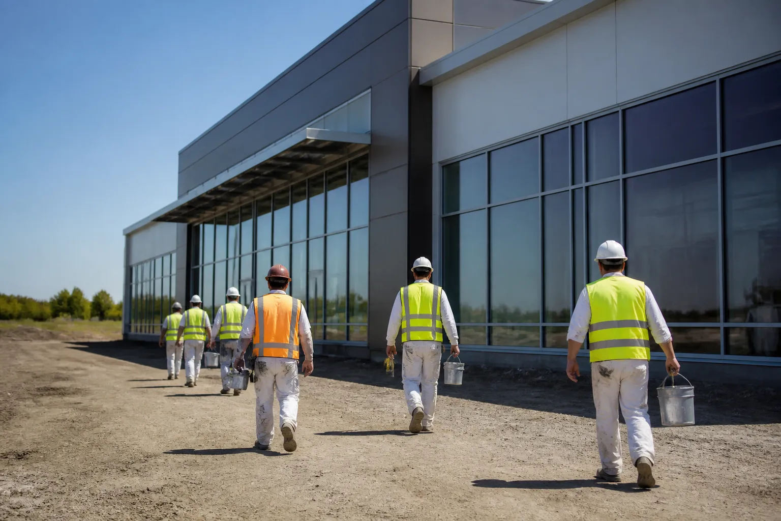 Painters and a glazier in white Type 1 hard hats and Class 2 hi-vis at a sunlit hoist lobby with a steward and tablet, diverse crew, no contractor logos.