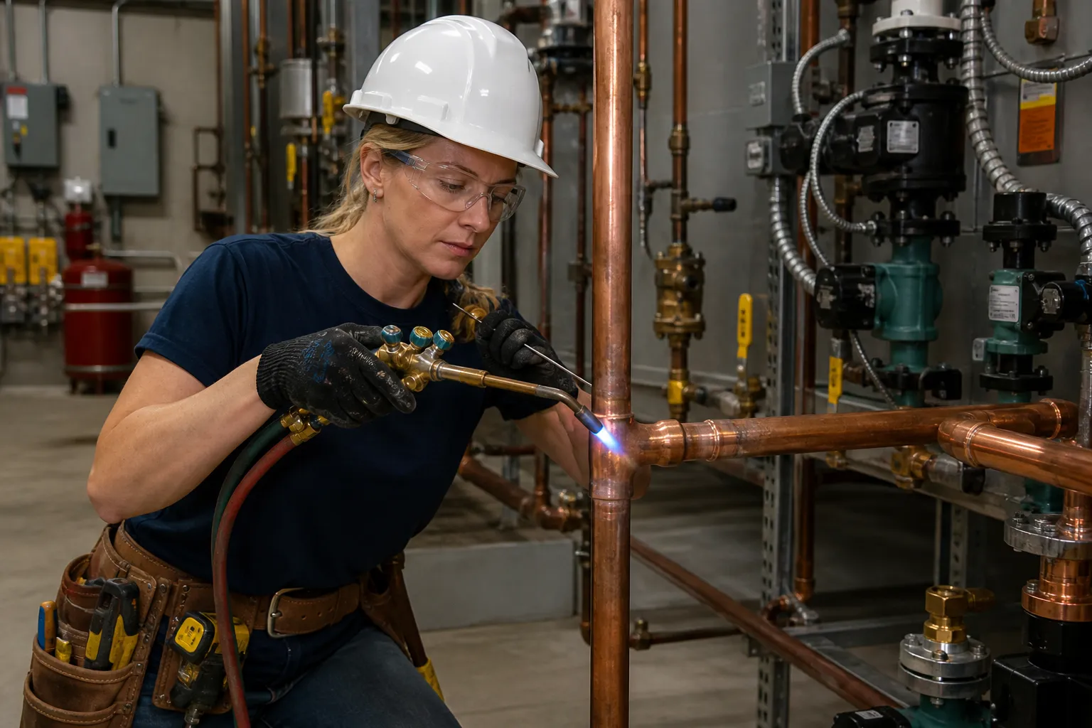 A pipefitter in a white CSA Type 1 hard hat, Class 2 hi-vis vest, safety glasses, leather gloves and CSA boots fitting welded pipe in a bright mechanical room.