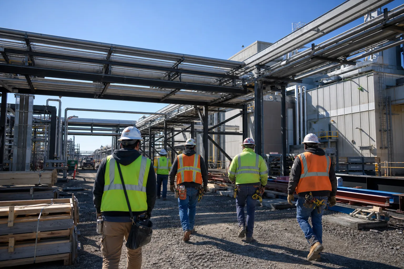 Pipefitters in white Type 1 hard hats and Class 2 hi-vis reviewing a shutdown dispatch list at a bright plant gate, diverse crew, no contractor logos.
