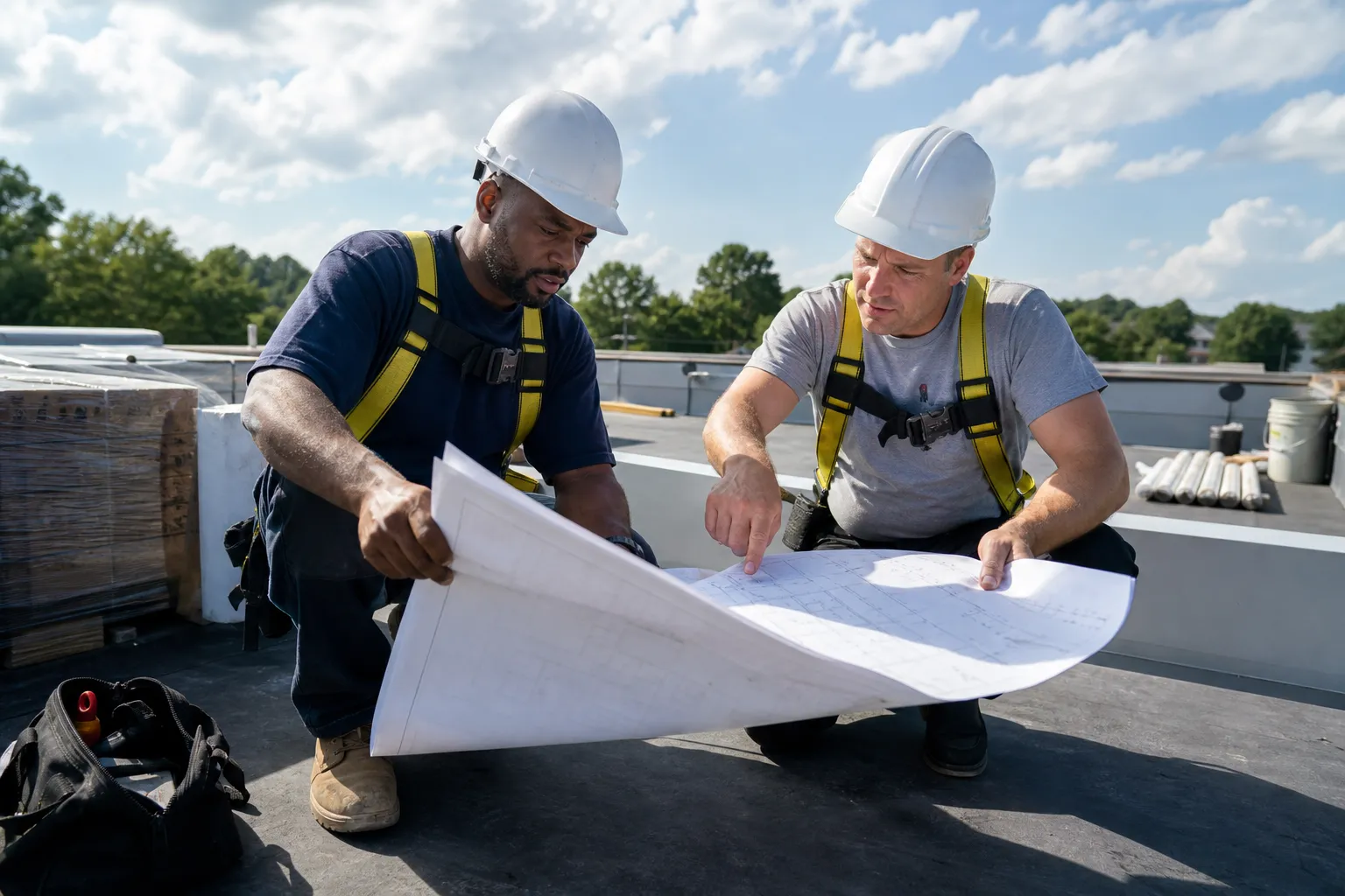 A diverse roofing crew in white Type 1 hard hats, Class 2 hi-vis, safety glasses, gloves, CSA boots and visible harnesses installing membrane in bright daylight, no contractor logos.