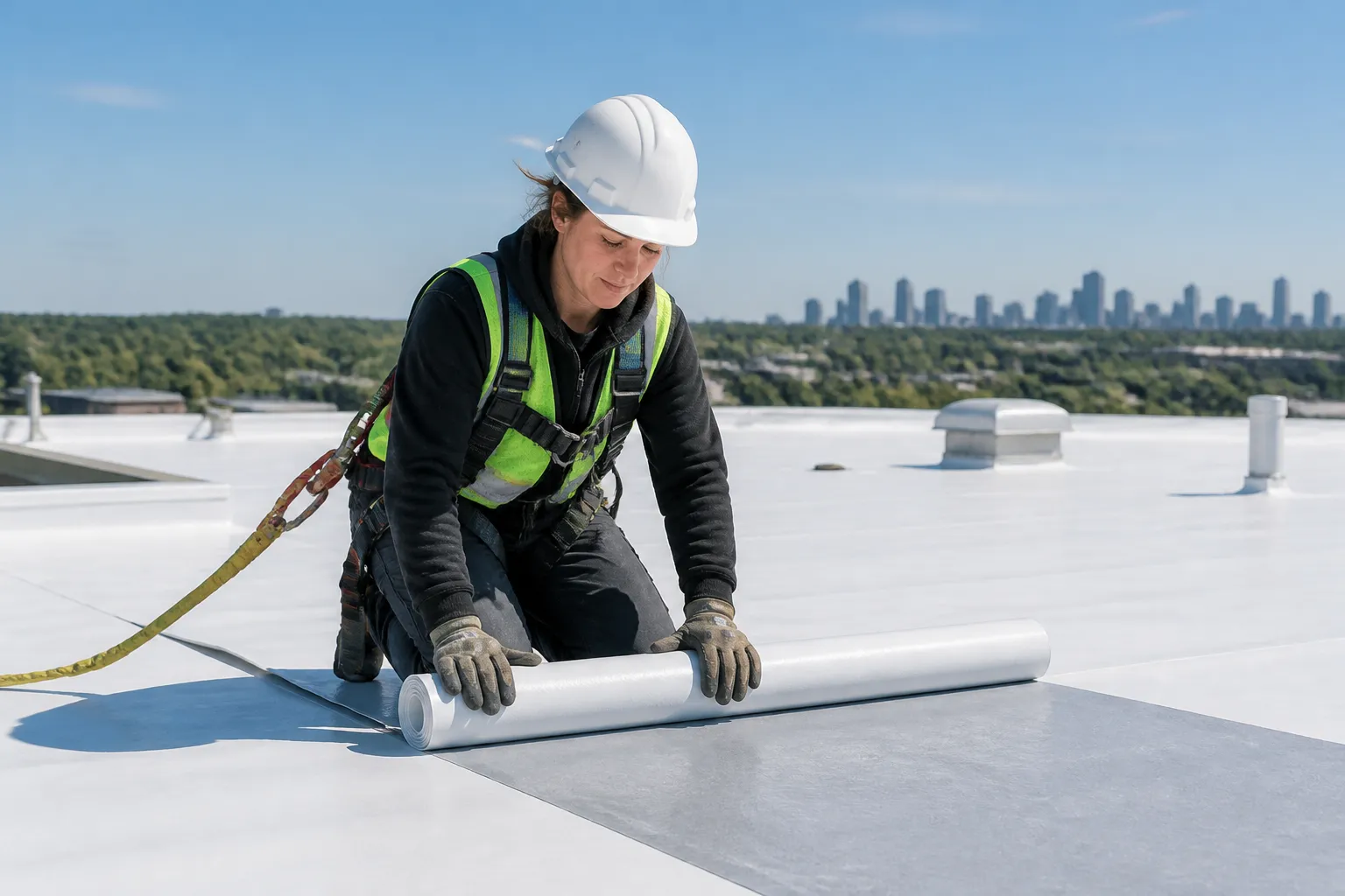A roofer in a white CSA Type 1 hard hat, Class 2 hi-vis, safety glasses, gloves, CSA boots and a CSA Z259 harness installing membrane on a bright commercial roof.