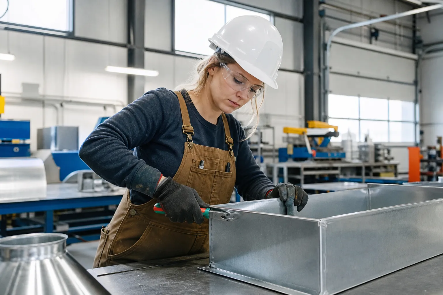 A sheet-metal worker in a white CSA Type 1 hard hat, Class 2 hi-vis vest, safety glasses, cut-resistant gloves and CSA boots hanging duct in a bright commercial building.