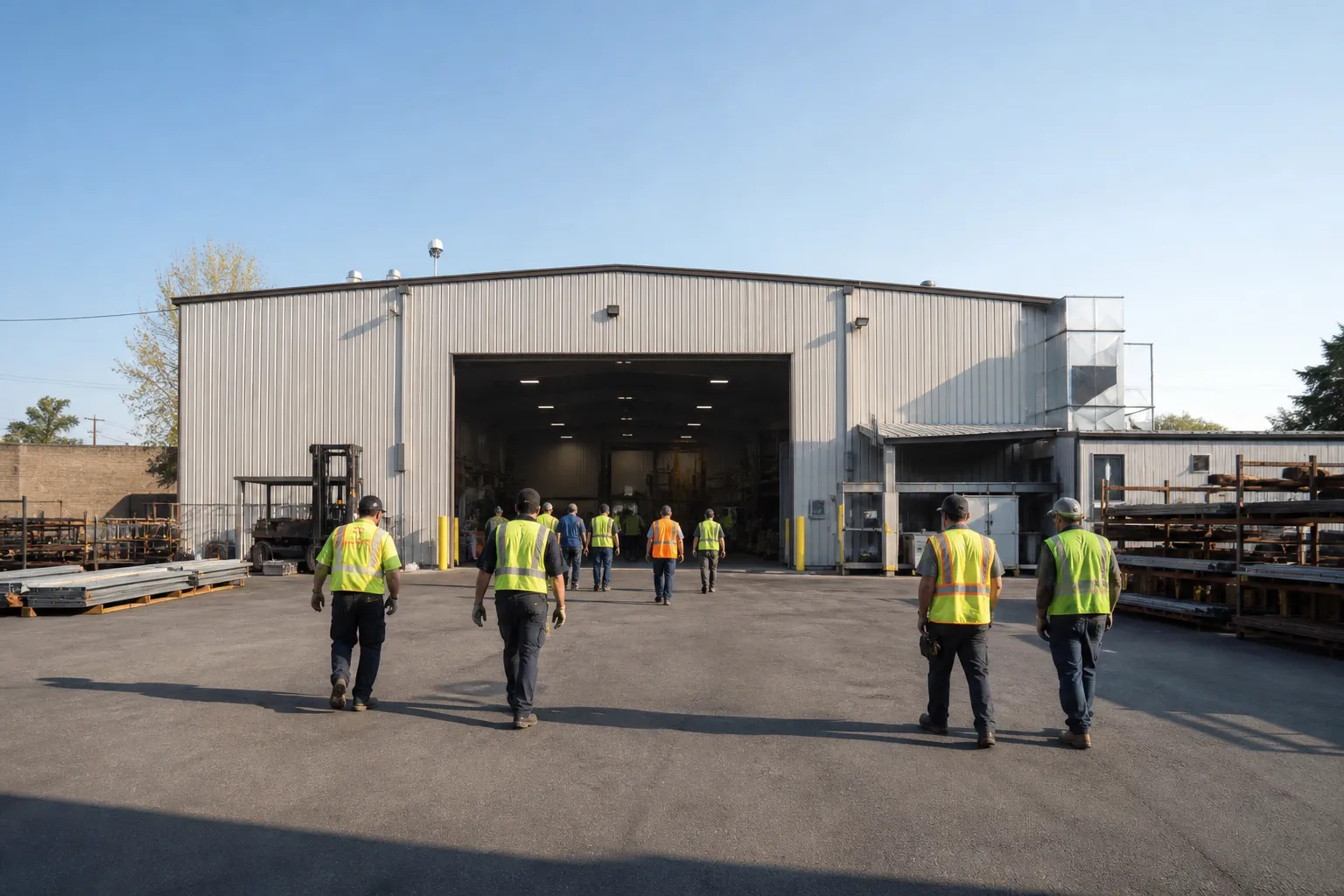 Sheet-metal workers in white Type 1 hard hats and Class 2 hi-vis at a sunlit loading door, a steward with a tablet, diverse crew, no contractor logos.
