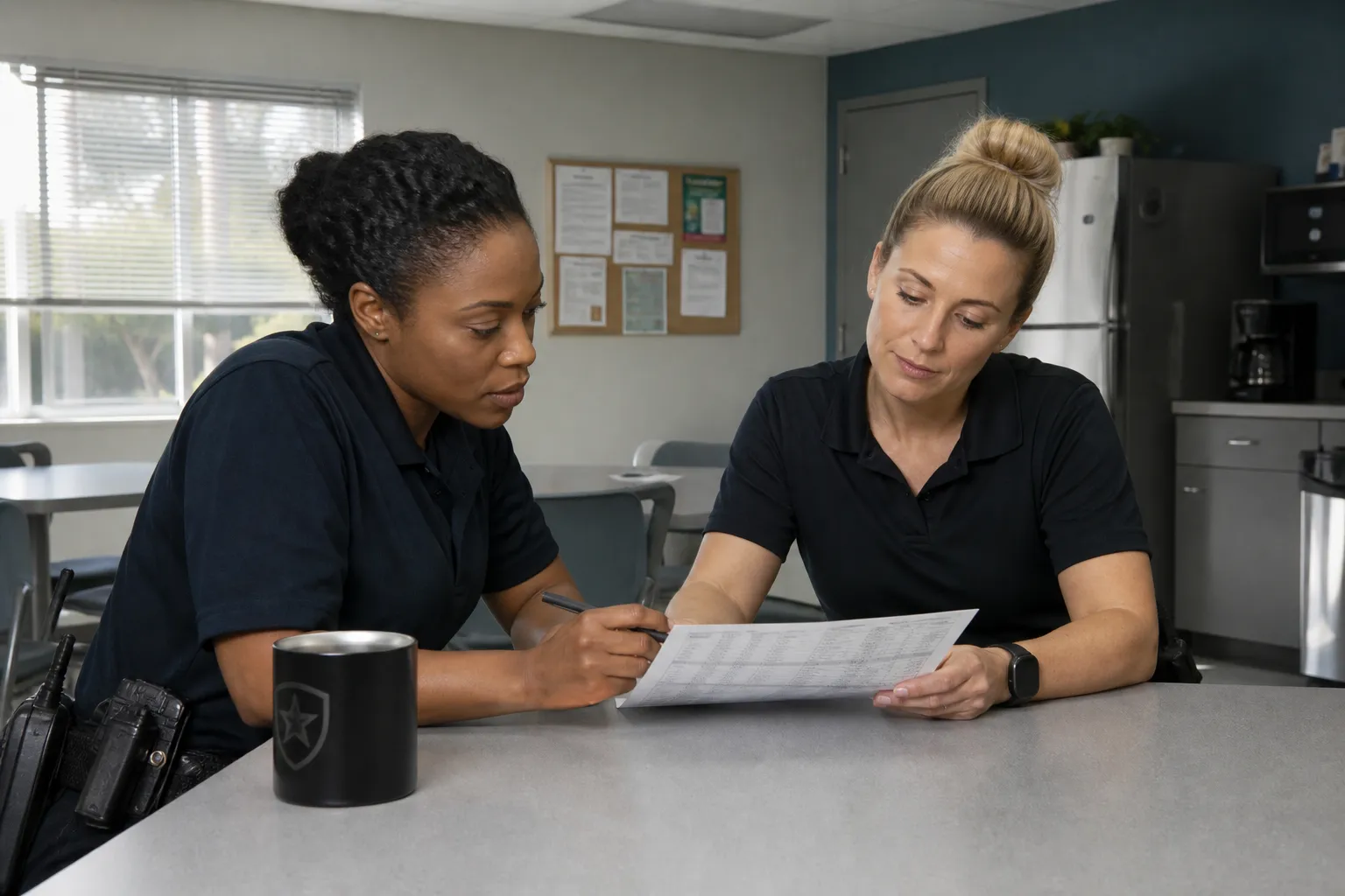 Two corrections officers in generic Canadian dark-navy uniforms at a bright, unmarked control desk, with no institutional nameplate or crest.