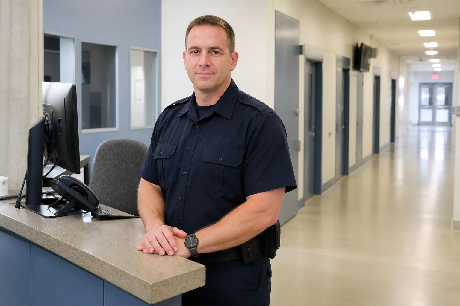 A corrections officer in a generic dark-navy Canadian utility uniform standing in a bright, unmarked institutional corridor, with no facility name or service crest visible.