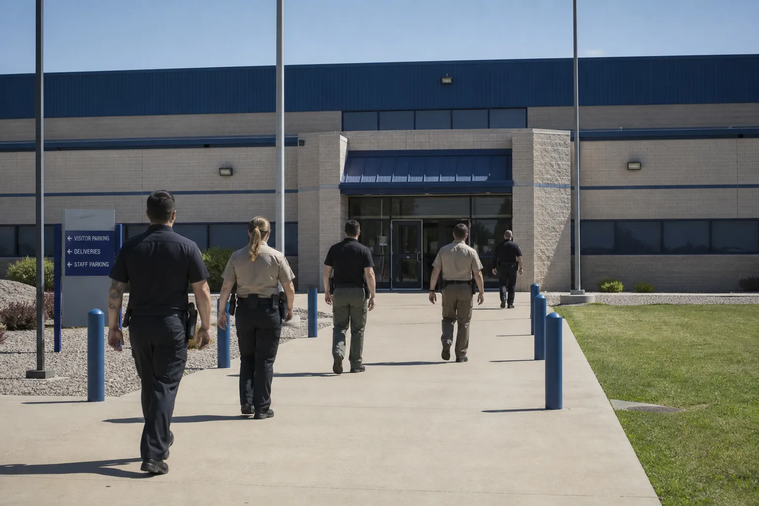 Corrections officers in generic dark-navy Canadian uniforms walking a bright, unmarked institutional corridor, with no facility name or service crest.
