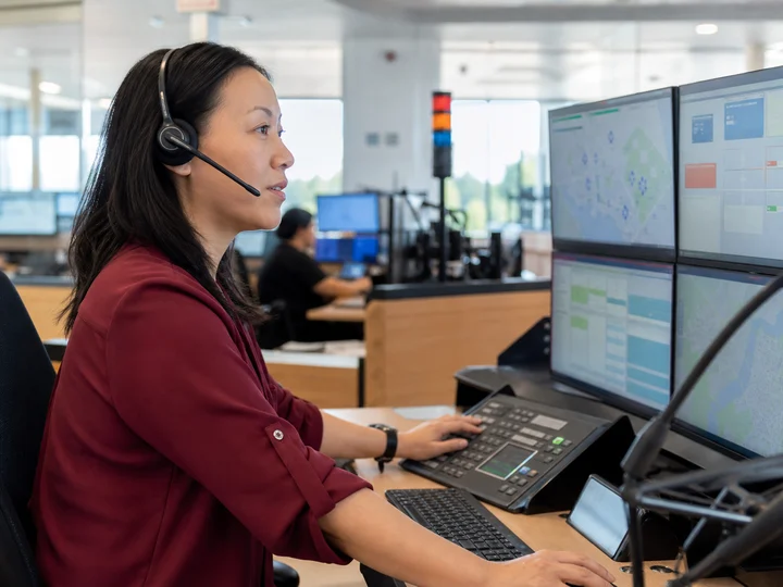 An emergency communications dispatcher handling a call at a digital console.