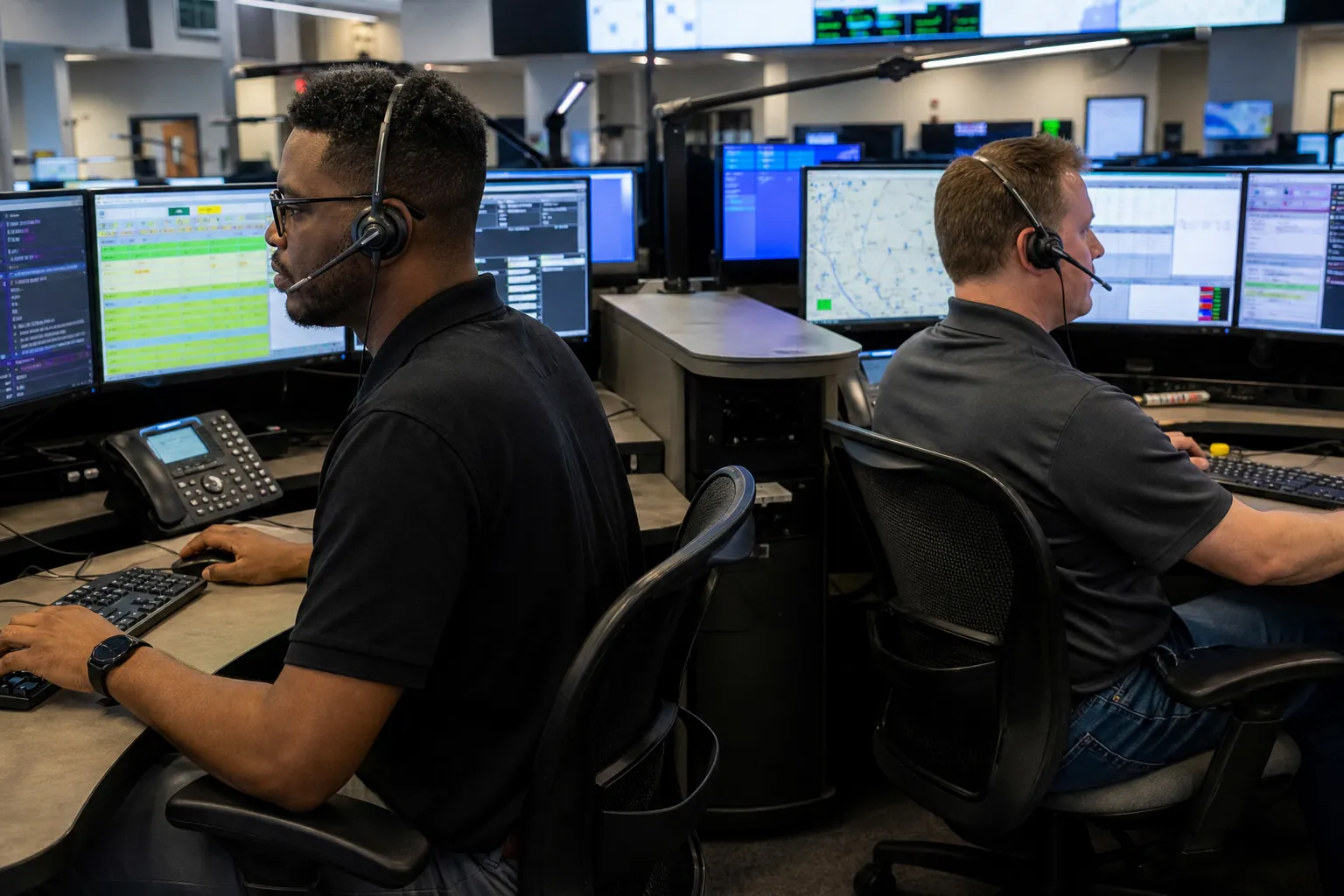 Two emergency communications operators with headsets at a bright, unmarked dispatch floor, screens visible but no agency logo or city name on the wall.