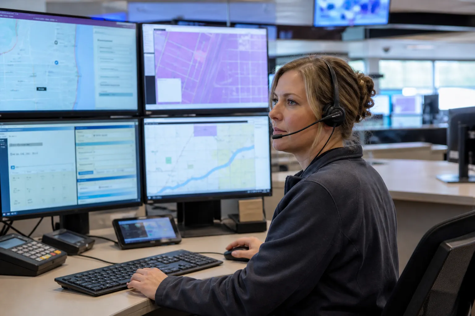 An emergency communications operator in professional civilian dispatch wear using a headset at a bright, unmarked console wall of screens, with no agency name or crest on the wall or clothing.