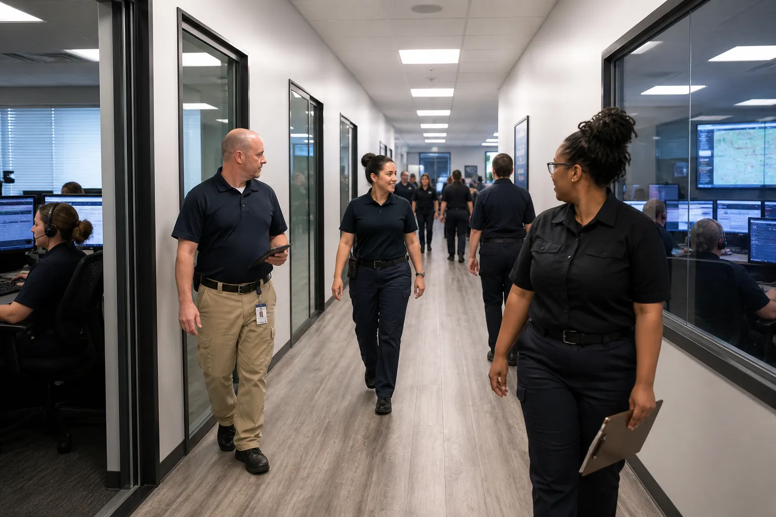 A bright, unmarked emergency communications floor with operators in headsets at multi-screen consoles, with no agency name, city name or crest on the walls.