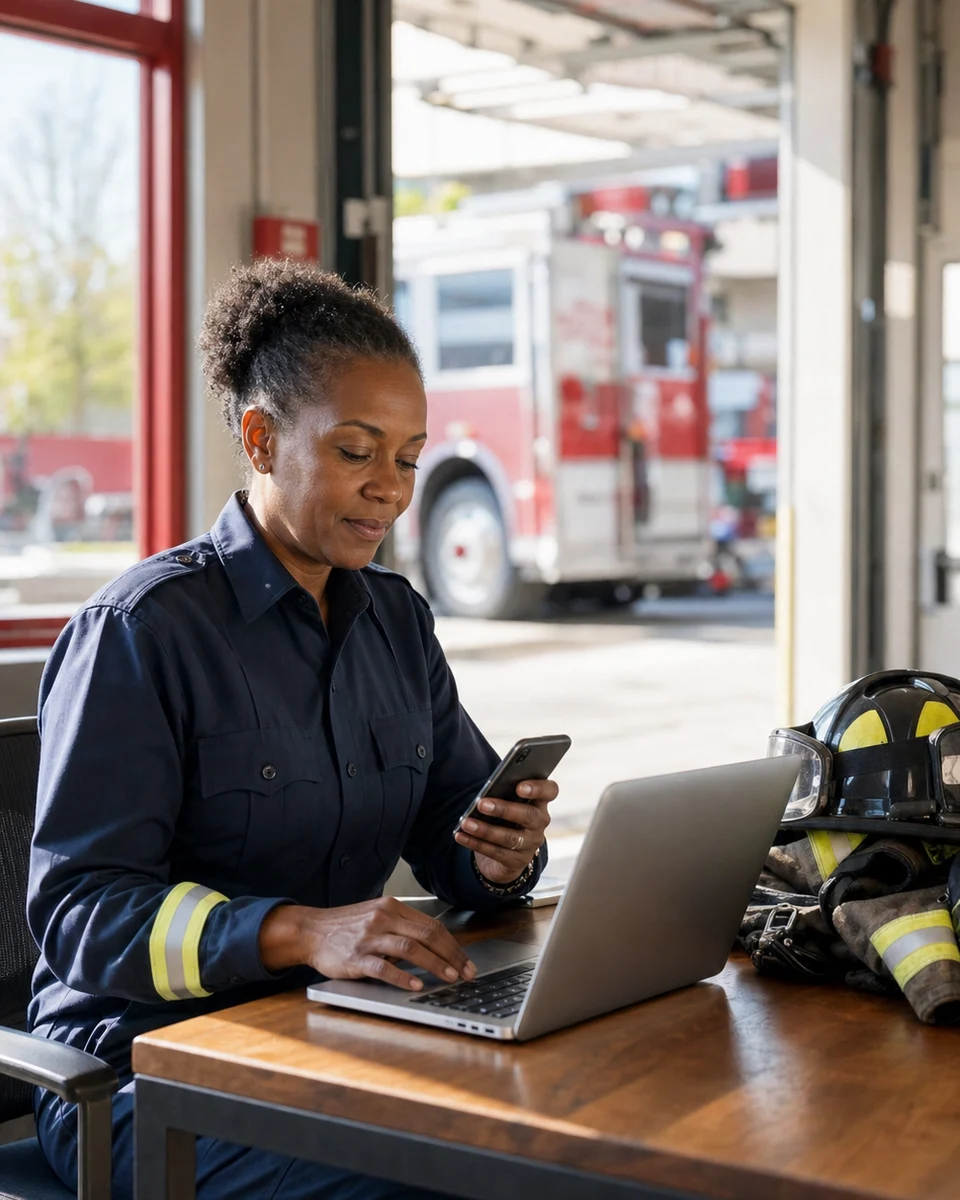 A firefighter using a laptop and phone in a bright fire station.