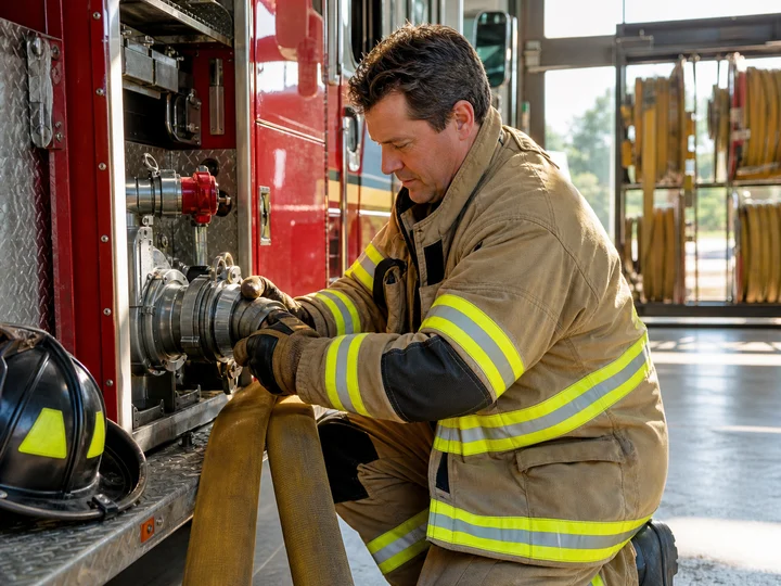 A firefighter inspecting a hose coupling beside a fire engine in a station bay.