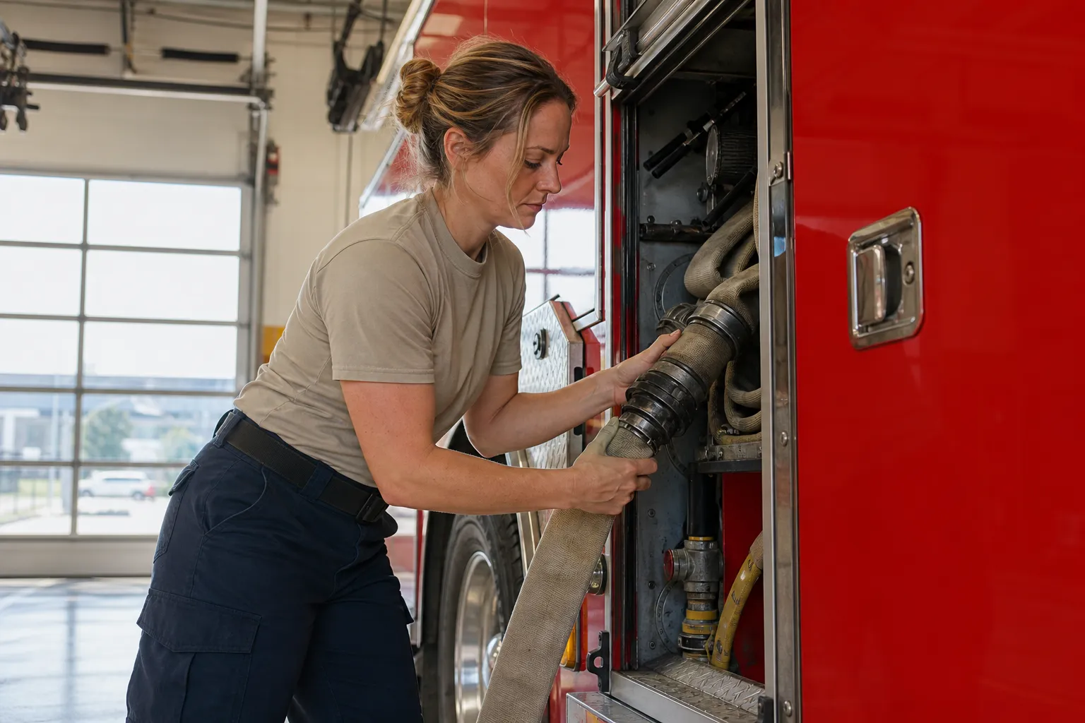 A firefighter in generic bunker gear and a yellow helmet standing at the open bay of a bright fire hall, with no city name or service crest on the helmet, coat or apparatus.