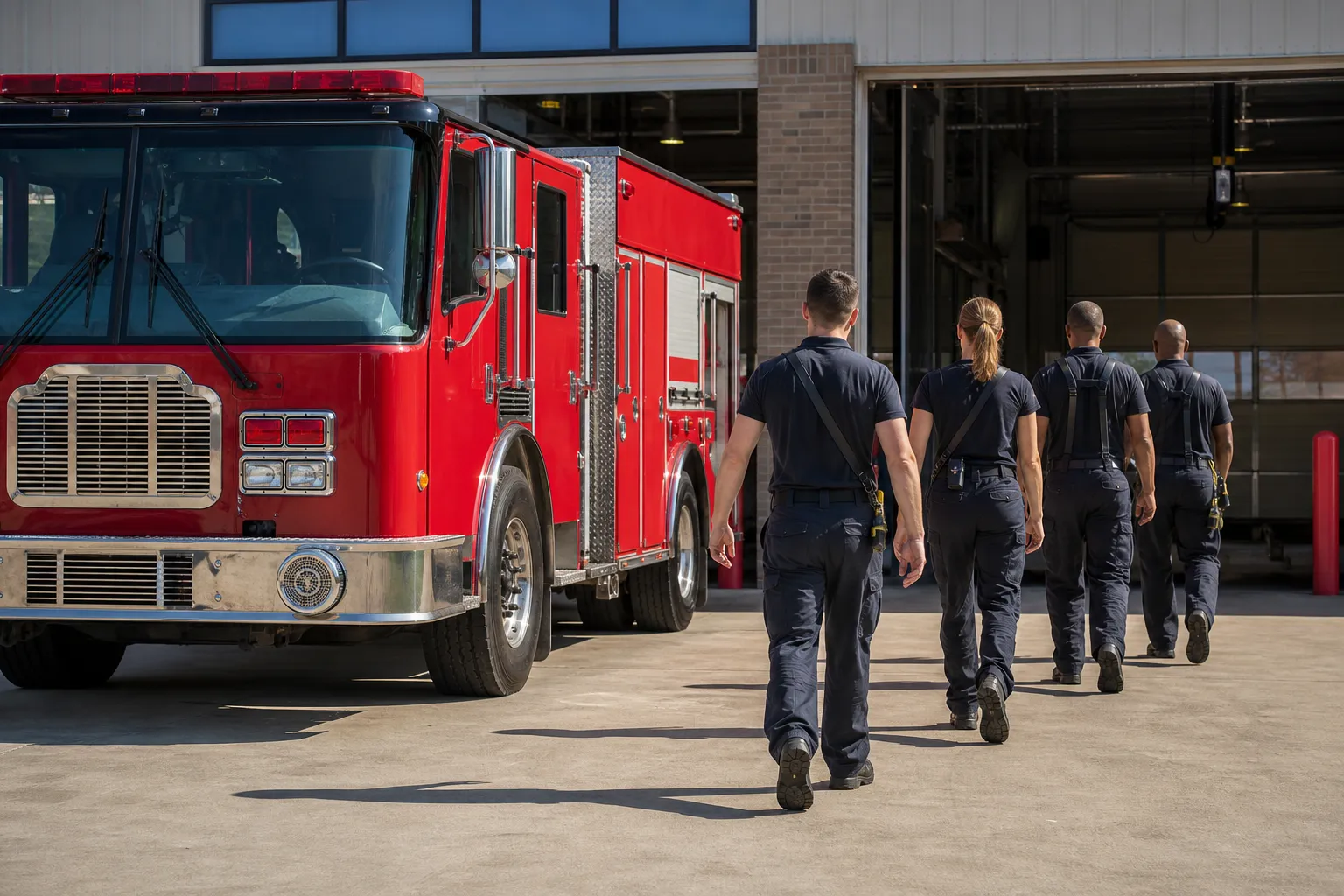 Generic red fire apparatus parked in a bright hall with firefighters in accurate bunker gear and unmarked helmets, with no city name or service crest.