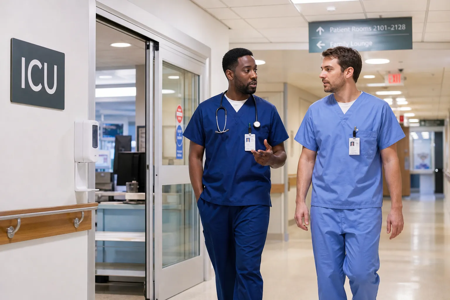 Two health-care workers in generic scrubs reviewing a chart at a bright, unmarked nursing station, with no hospital logo or site name on the wall.