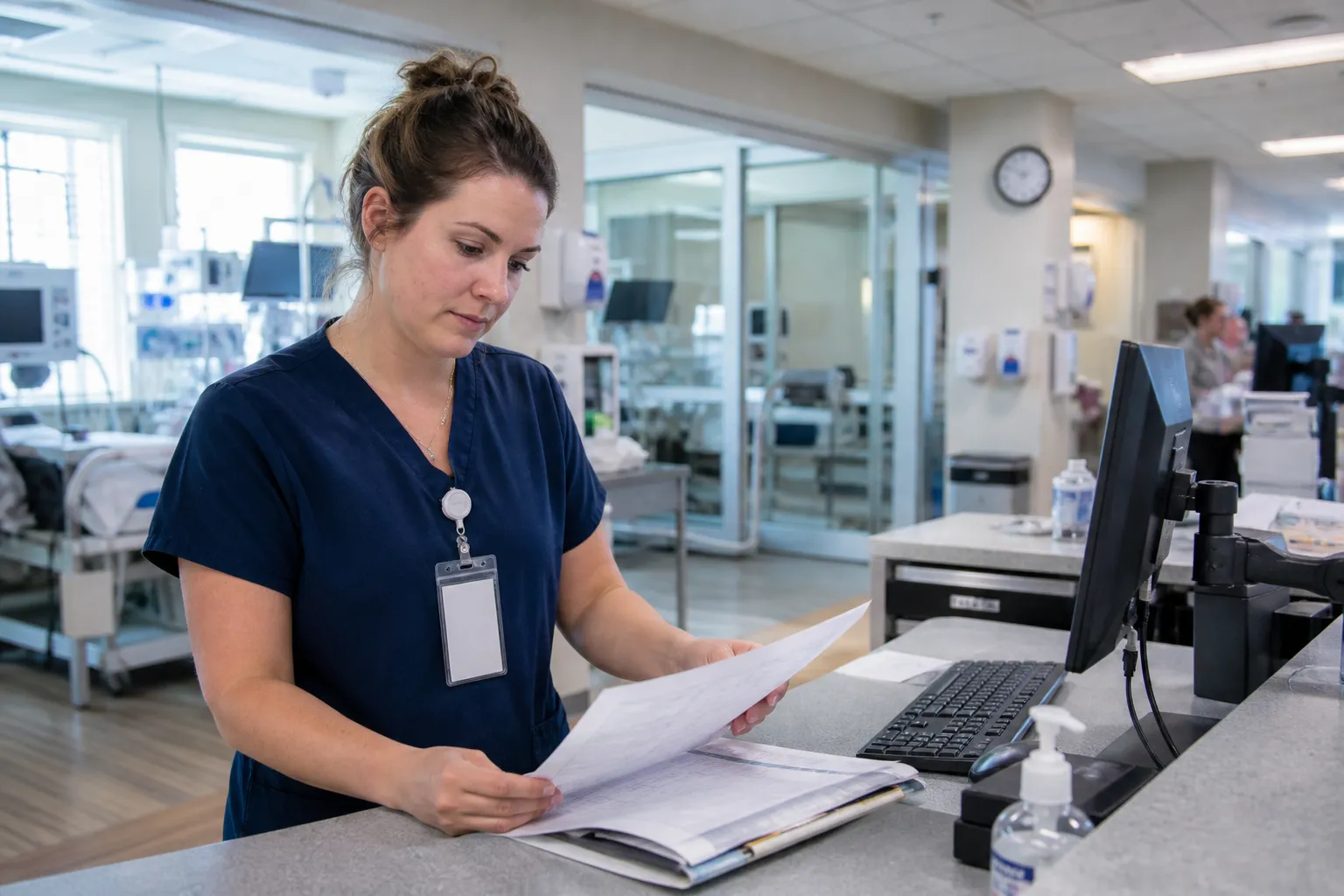 A critical-care nurse in generic scrubs and a plain identification badge walking a bright, unmarked unit corridor, with no hospital name or logo visible.