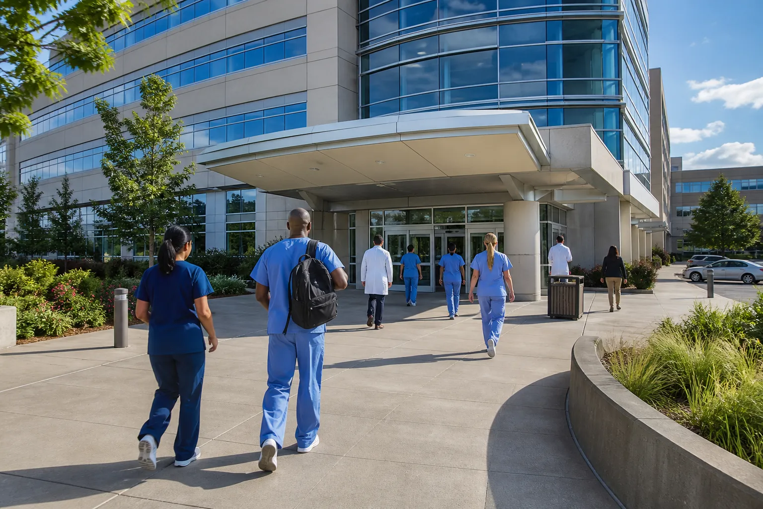 Health-care workers in generic scrubs at a bright, unmarked unit desk, with no hospital name, logo or city identifier.
