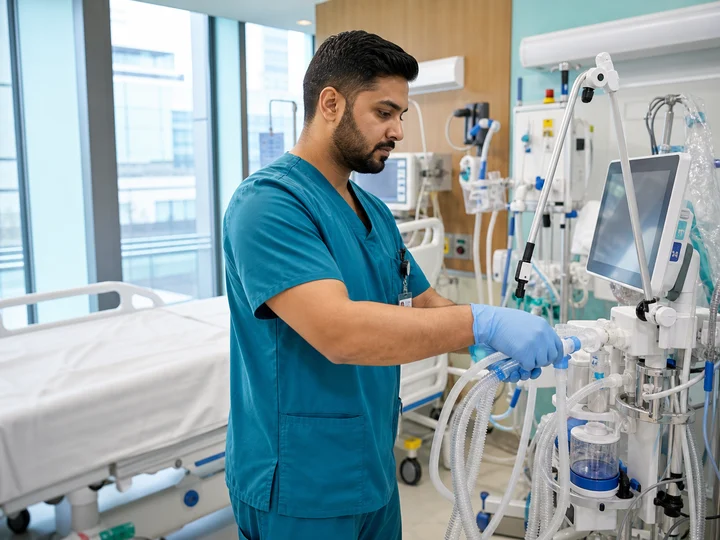 A respiratory therapist preparing critical-care equipment in a hospital unit.