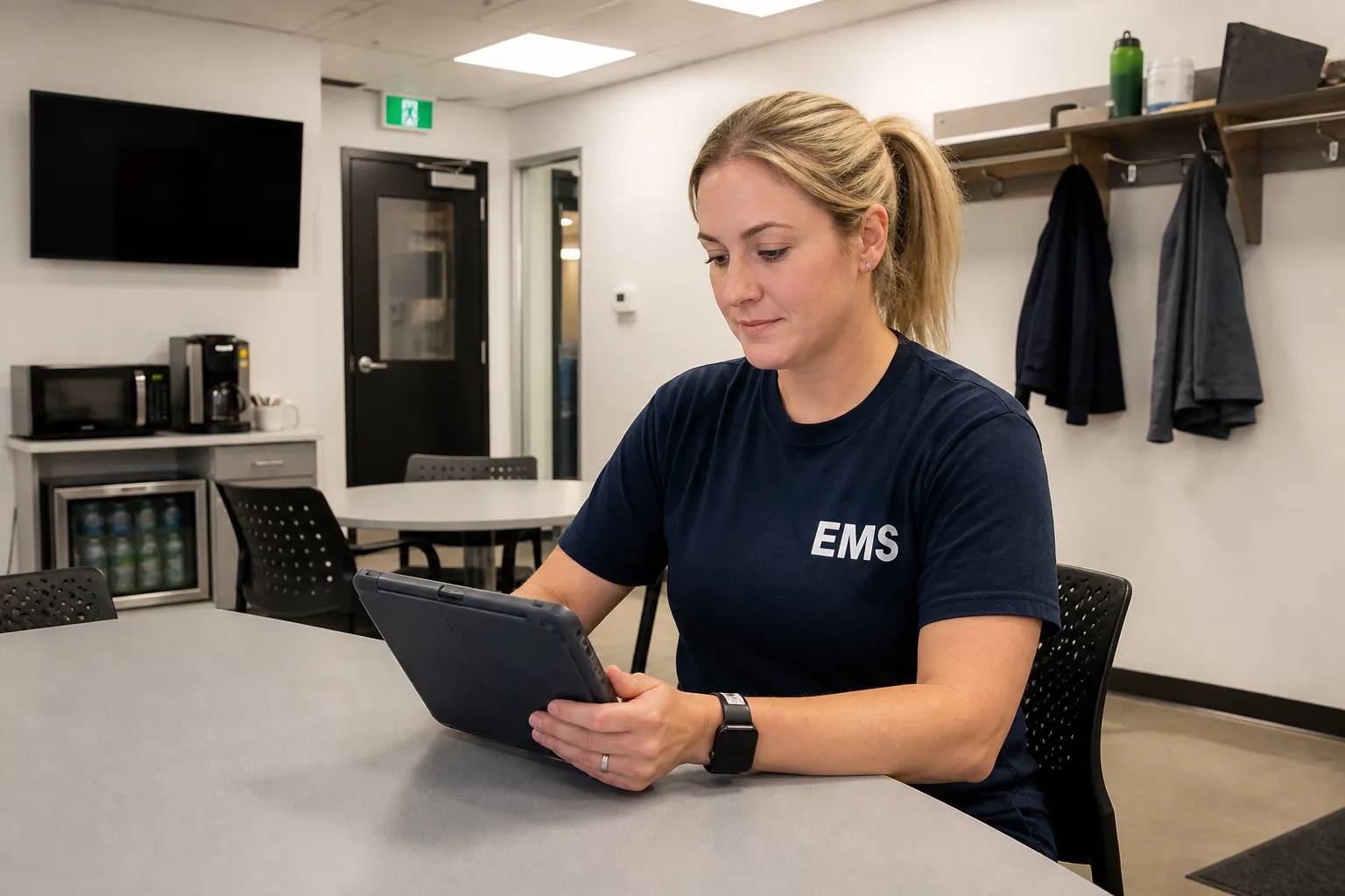 Two paramedics in generic navy uniforms with high-visibility markings standing at the open doors of a white ambulance in a bright station bay, with no service name or city lettering on the vehicle or uniforms.