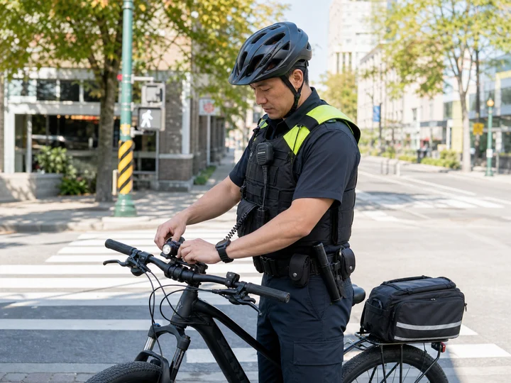 A police constable inspecting a patrol bicycle on a bright city street.