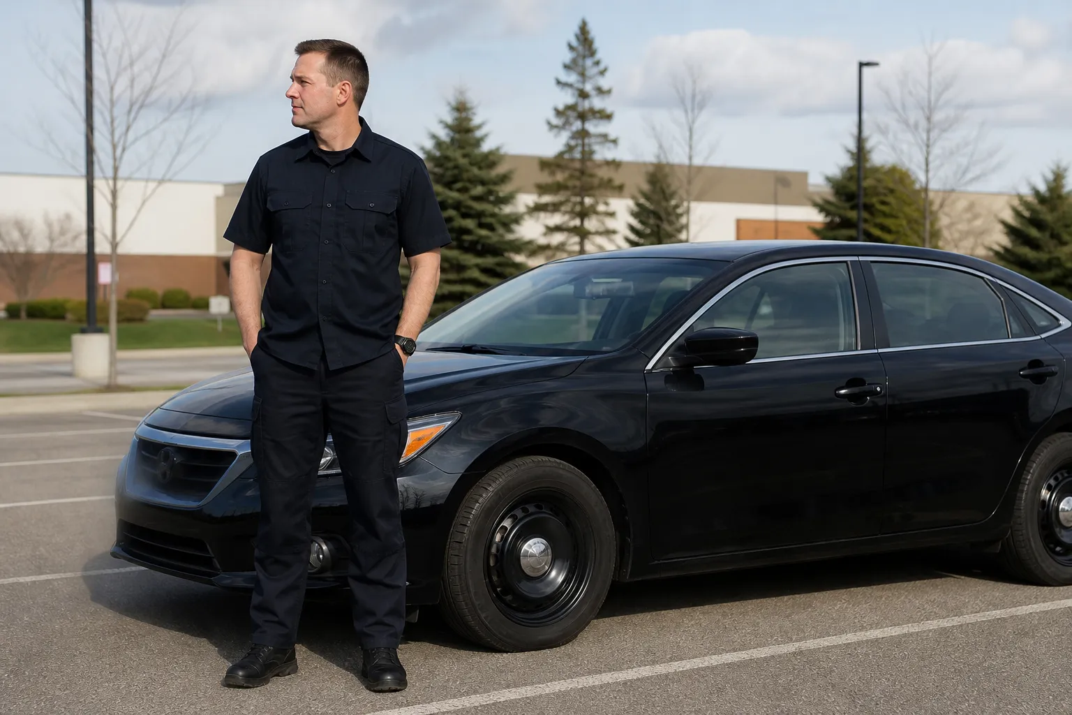 A police officer in a generic dark-navy Canadian duty uniform standing beside a marked cruiser at a bright station lot during shift change, with no service crest or city name visible.