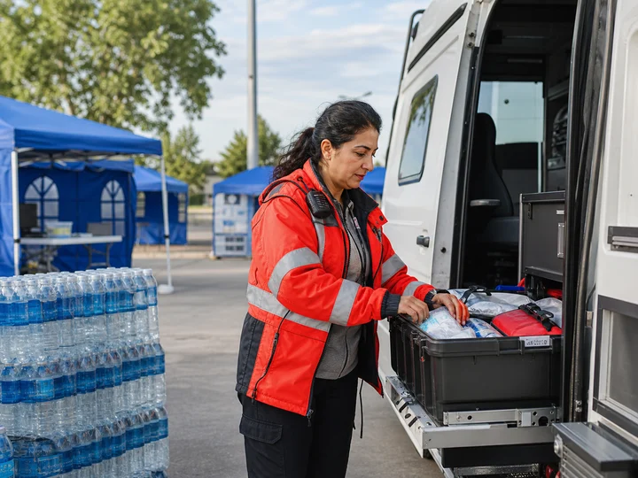 A public-safety field officer checking emergency reception-centre supplies.