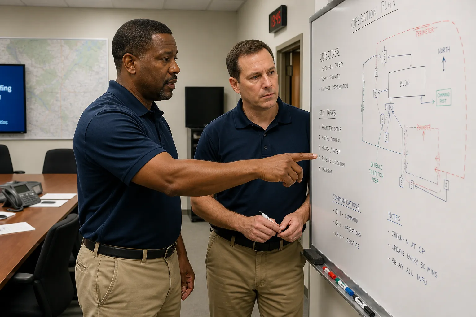 Two public-safety officers in generic dark uniforms reviewing a clipboard in a bright, unmarked lobby, with no city name or agency crest on the uniforms or wall.