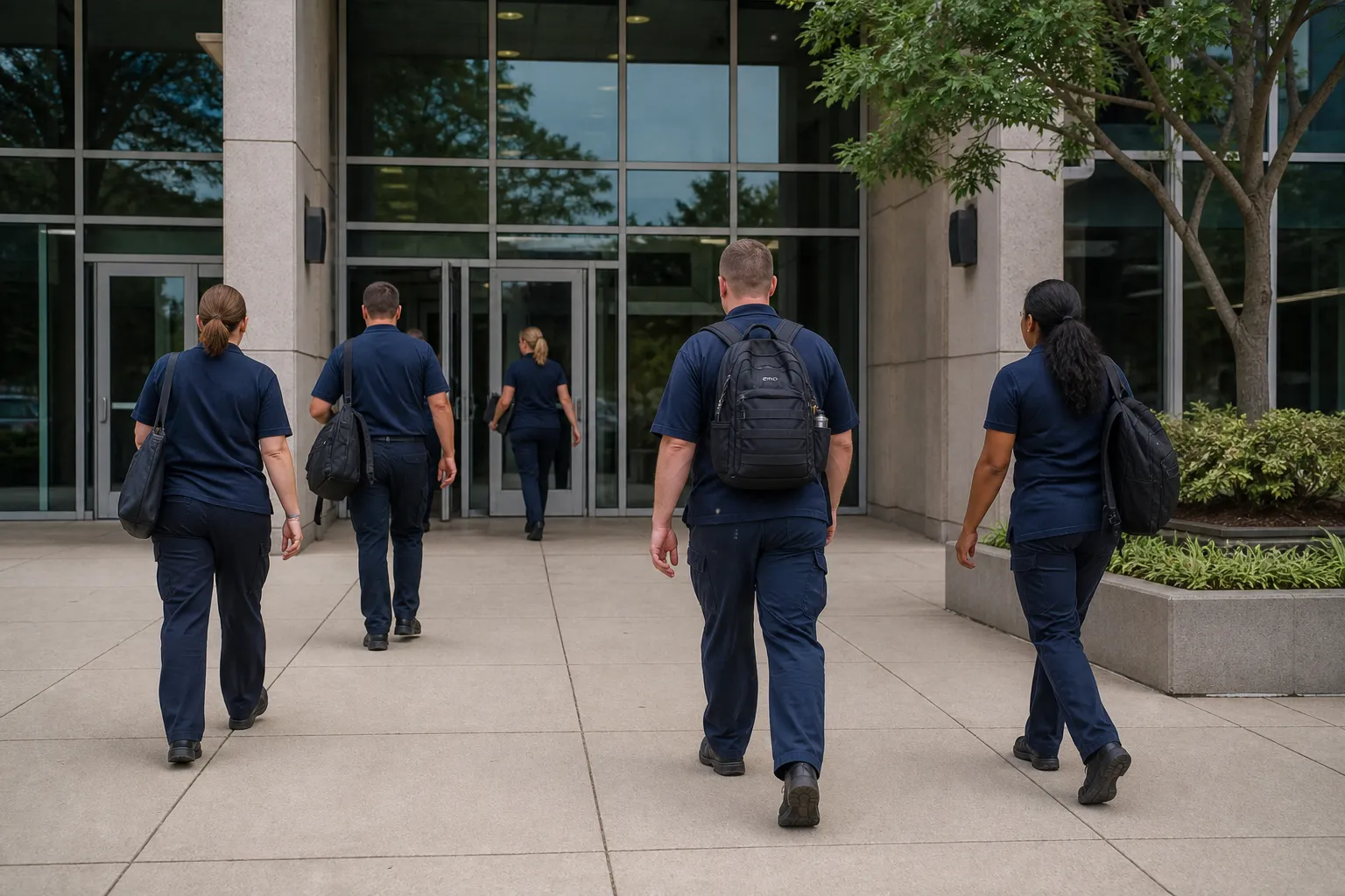 Public-safety officers in generic dark Canadian uniforms at a bright, unmarked public facility entrance, with no city name, police crest or agency lettering.
