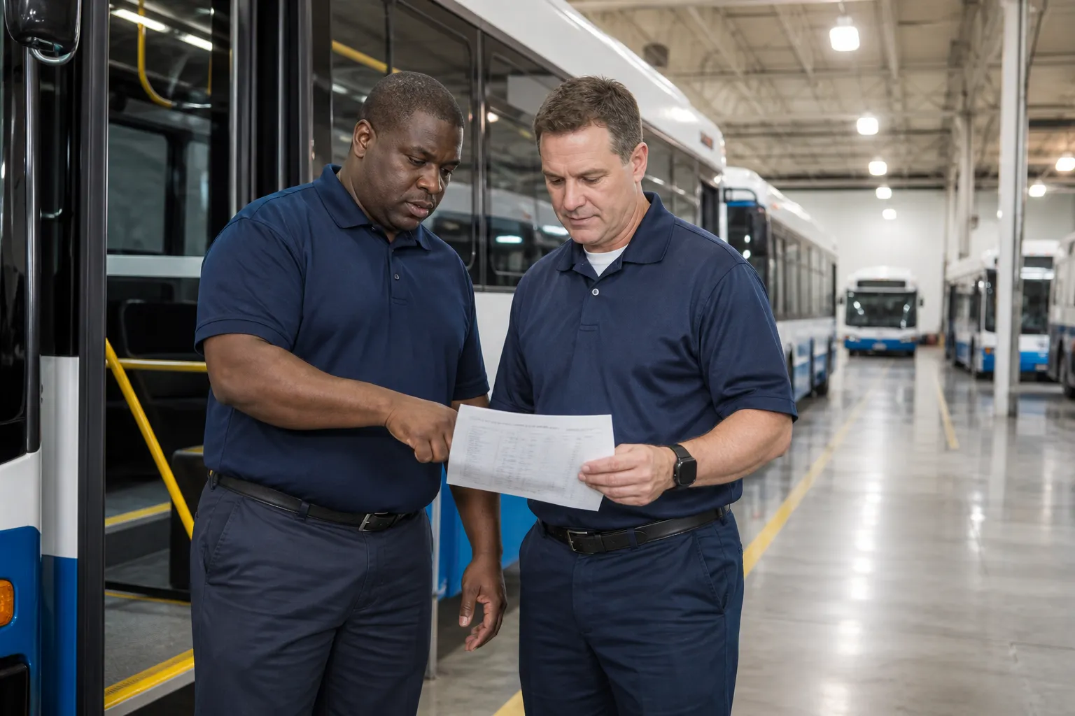 A transit maintenance worker in generic high-visibility coveralls inspecting a bus in a bright service bay, with no system name or city lettering on the vehicle.